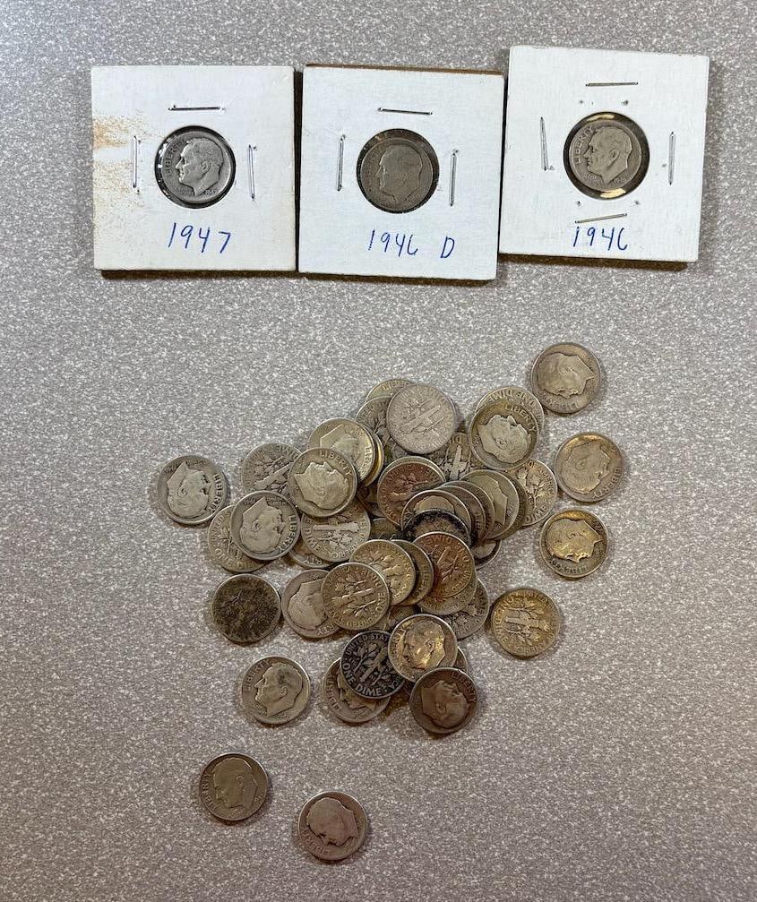 50- 90% 1940's Silver Roosevelt Dimes, various dates: IMPORTANT, WE ONLY ACCEPT CREDIT CARDS UP TO $500 FOR ONLINE COIN PURCHASES. YOU CAN PAY ACH THROUGH PROXIBID, OR YOU CAN SEND A WIRE OR CERTIFIED CHECK. WE WILL HOLD ALL SHIPPING OF COINS FOR 10 DAYS