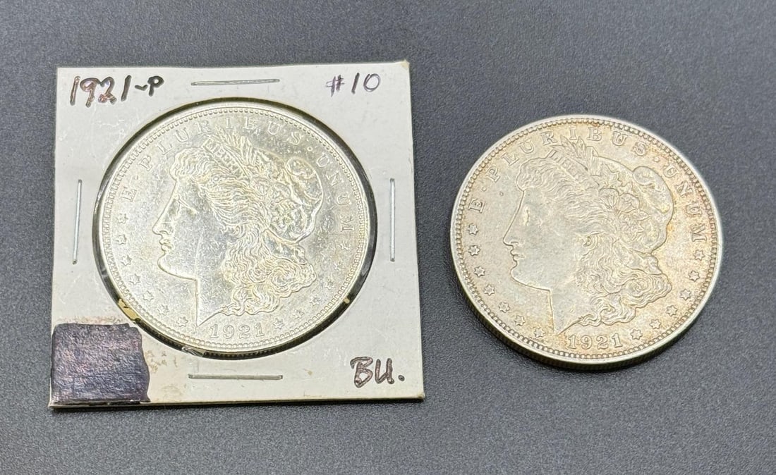 2- 1921 US Morgan Silver Dollars, 90% silver: IMPORTANT, WE ONLY ACCEPT CREDIT CARDS UP TO $500 FOR ONLINE COIN PURCHASES. YOU CAN PAY ACH THROUGH PROXIBID, OR YOU CAN SEND A WIRE OR CERTIFIED CHECK. WE WILL HOLD ALL SHIPPING OF COINS FOR 10 DAYS