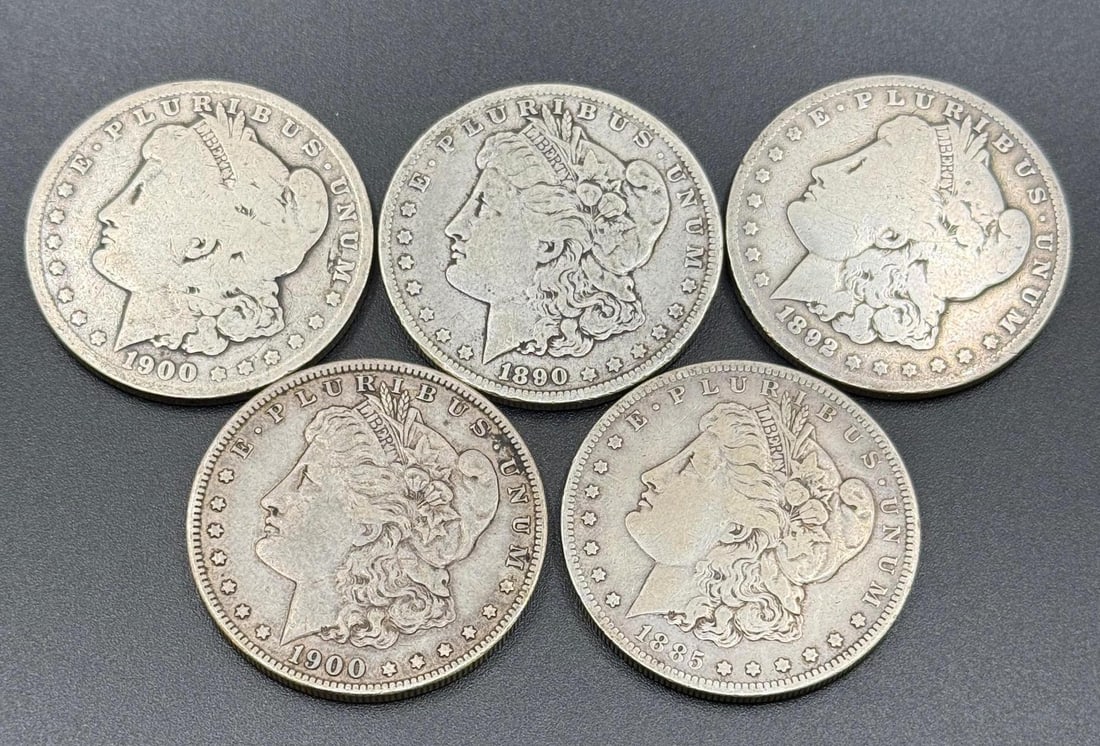 5- US Morgan Silver Dollars, 90% silver, (2) 1900-O, 1890-O, 1892-O, 1885-S (1 of 3)