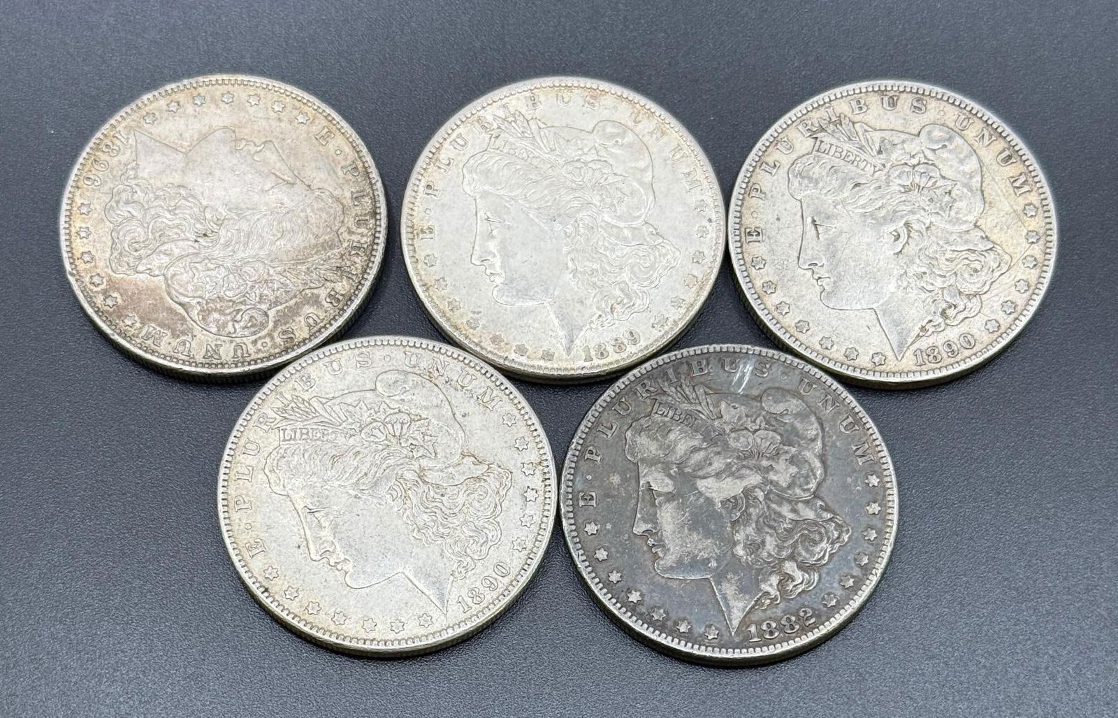 5- US Morgan Silver Dollars, 90% silver, 1896, 1889, (2) 1890, 1882 (1 of 2)