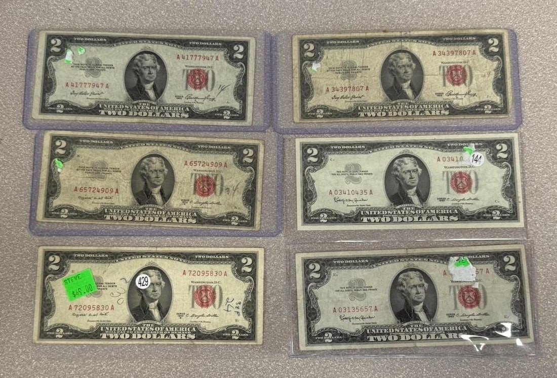 6- Asst Red Seal 1953 and 1963 $2.00 Banknotes (1 of 2)