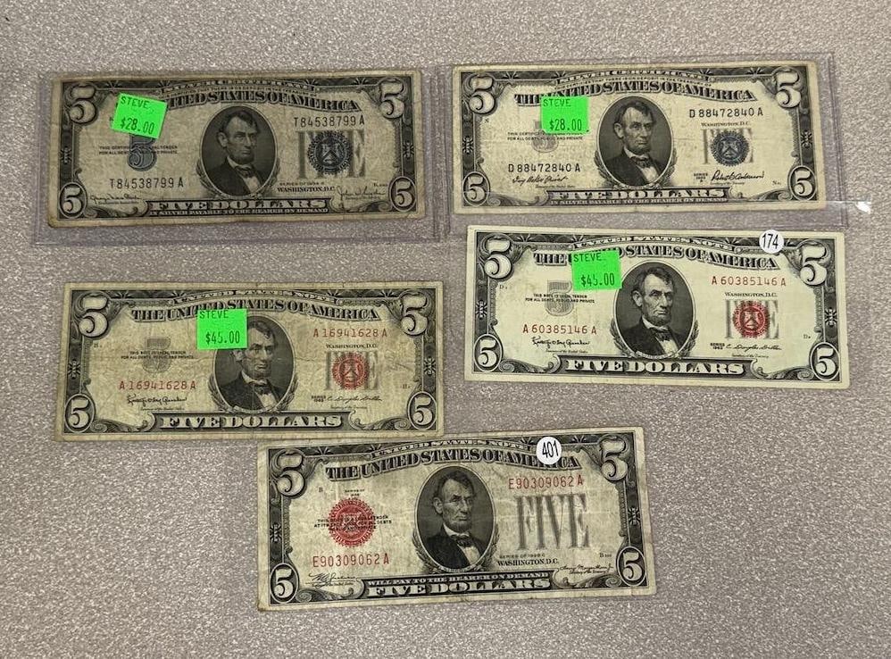 1934 & 1953 $5.00 Silver Certificate, 1928 Red Seal and 2- 1963 Red Seal (1 of 2)