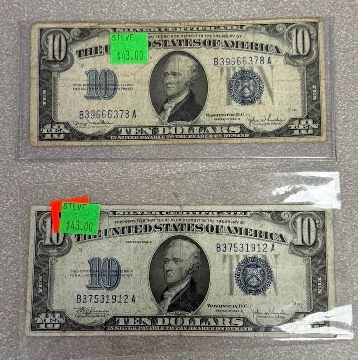 2- 1934 $10 Silver Certificates: IMPORTANT, WE ONLY ACCEPT CREDIT CARDS UP TO $500 FOR ONLINE COIN PURCHASES. YOU CAN PAY ACH THROUGH PROXIBID, OR YOU CAN SEND A WIRE OR CERTIFIED CHECK. WE WILL HOLD ALL SHIPPING OF COINS FOR 10 DAYS