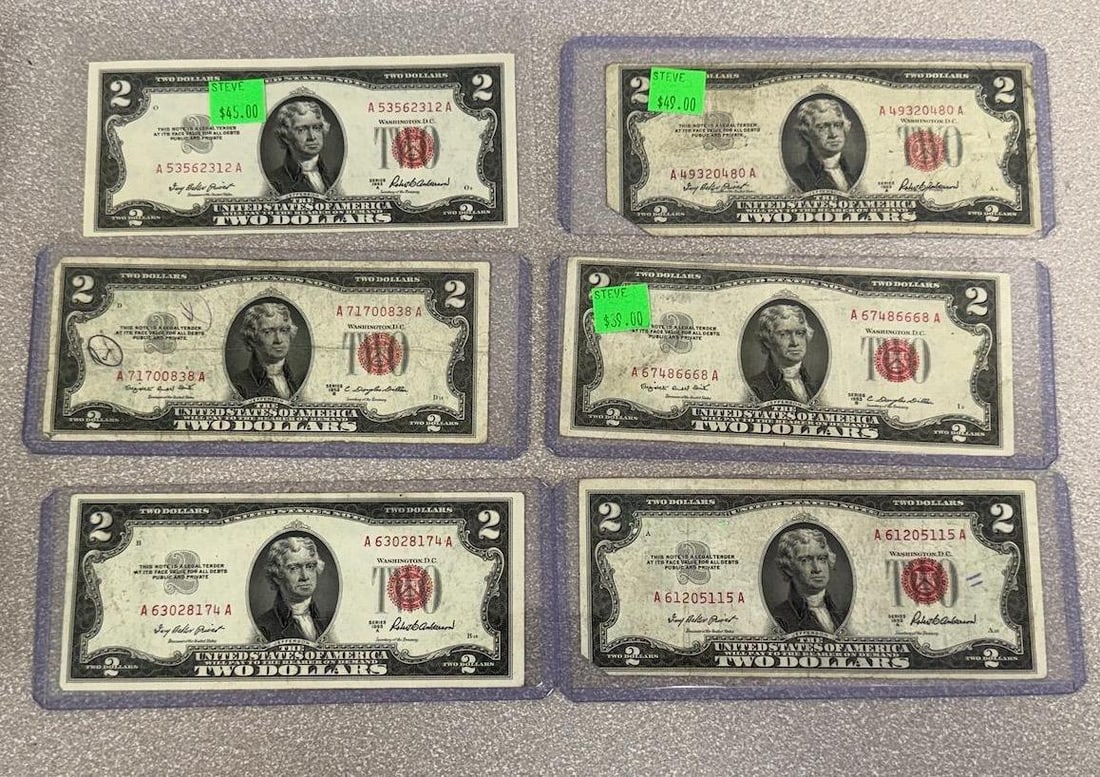 6- Asst Red Seal 1953 $2.00 Banknotes (1 of 2)