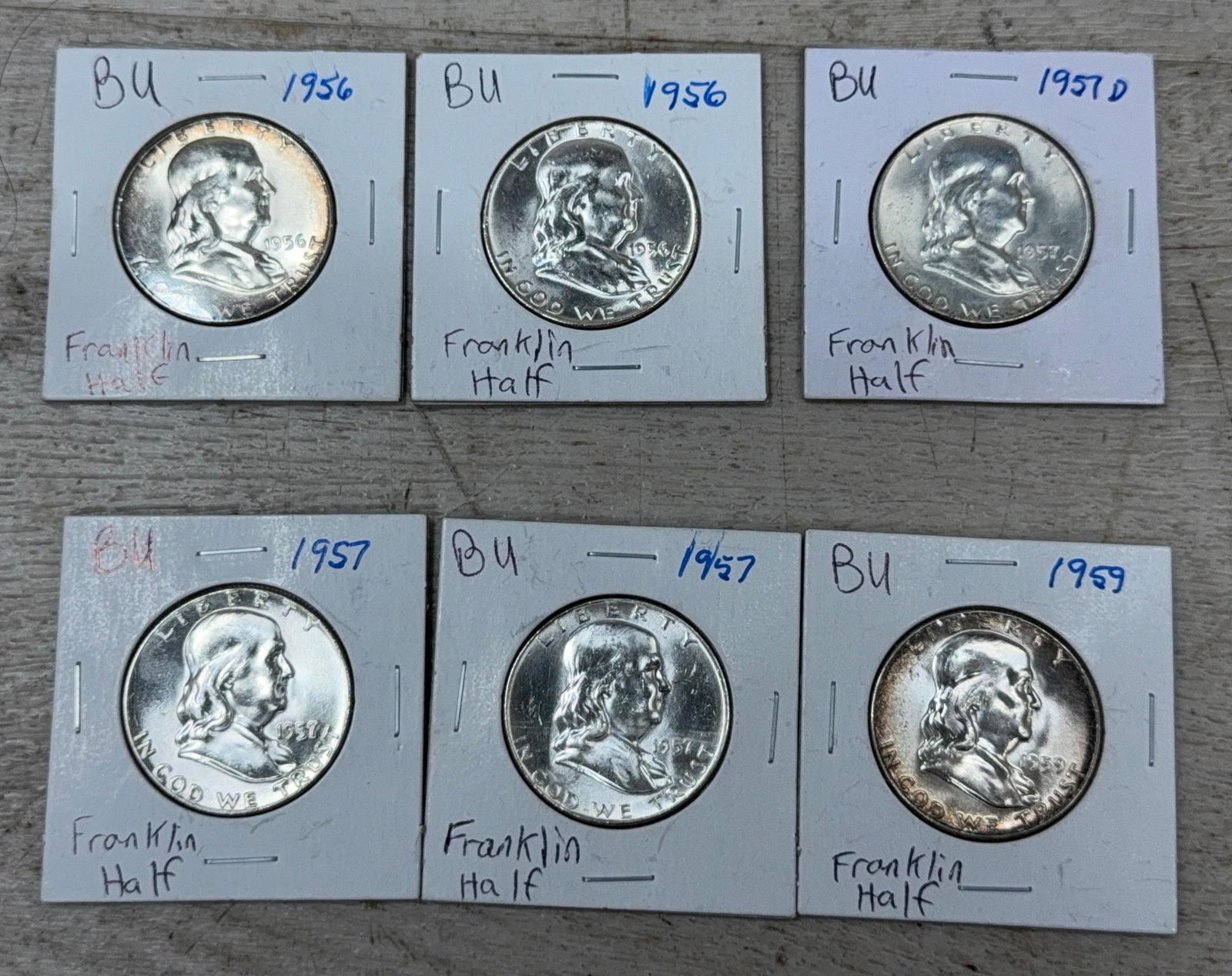 6- FRANKLIN HALF DOLLARS. 1950'S: IMPORTANT, WE ONLY ACCEPT CREDIT CARDS UP TO $500 FOR ONLINE COIN PURCHASES. YOU CAN PAY ACH THROUGH PROXIBID, OR YOU CAN SEND A WIRE OR CERTIFIED CHECK. WE WILL HOLD ALL SHIPPING OF COINS FOR 10 DAYS