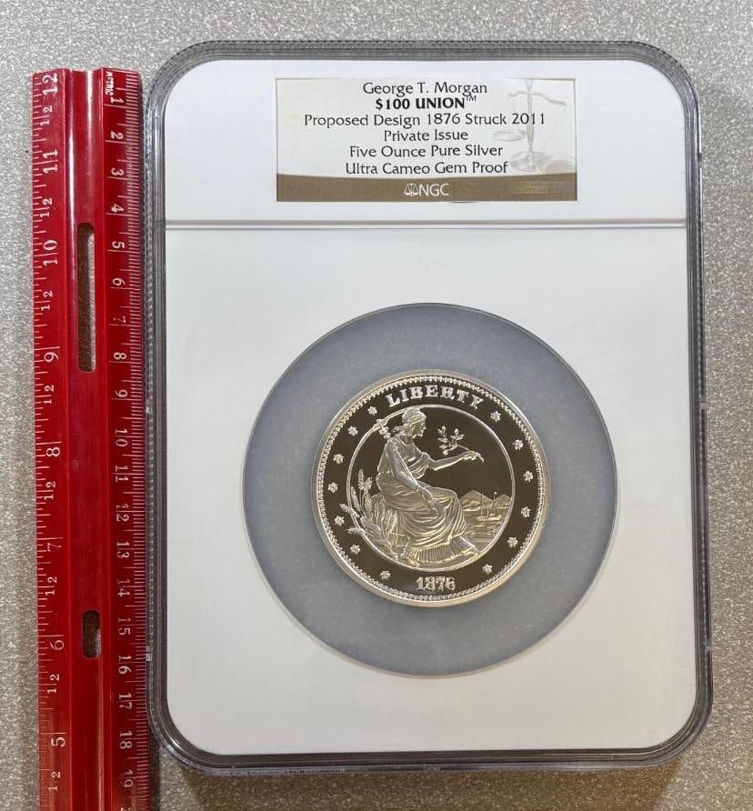 George T. Morgan $100 Union 5 oz Silver Coin, Ultra Cameo Gem Proof, NGC Graded: IMPORTANT, WE ONLY ACCEPT CREDIT CARDS UP TO $500 FOR ONLINE COIN PURCHASES. YOU CAN PAY ACH THROUGH PROXIBID, OR YOU CAN SEND A WIRE OR CERTIFIED CHECK. WE WILL HOLD ALL SHIPPING OF COINS FOR 10 DAYS