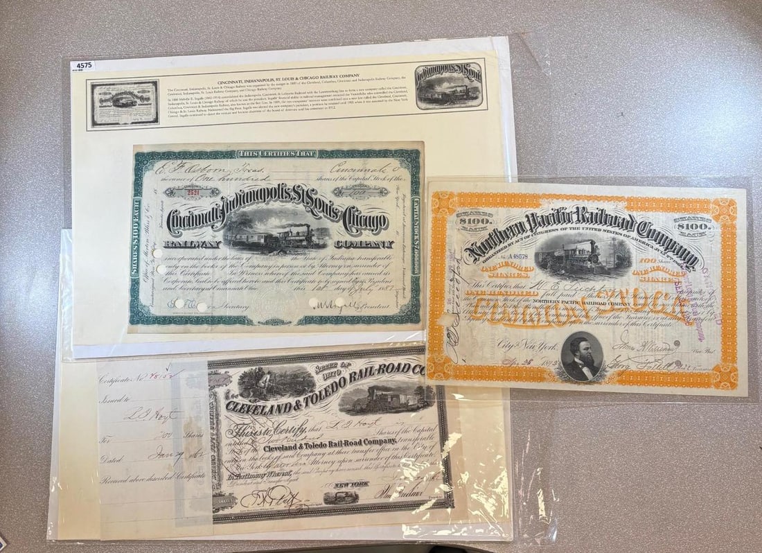 Vintage Railroad Stock Certificates, Northern Pacific, Cincinnati St. Louis Chicago, Cleveland (1 of 4)