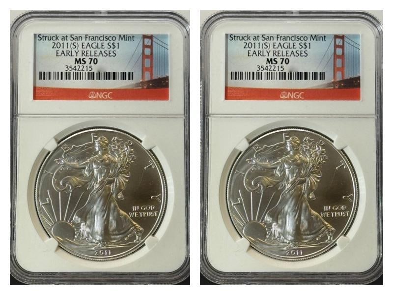 2- 2011 American Silver Eagle MS 70, San Francisco Mint, Early Releases (1 of 2)