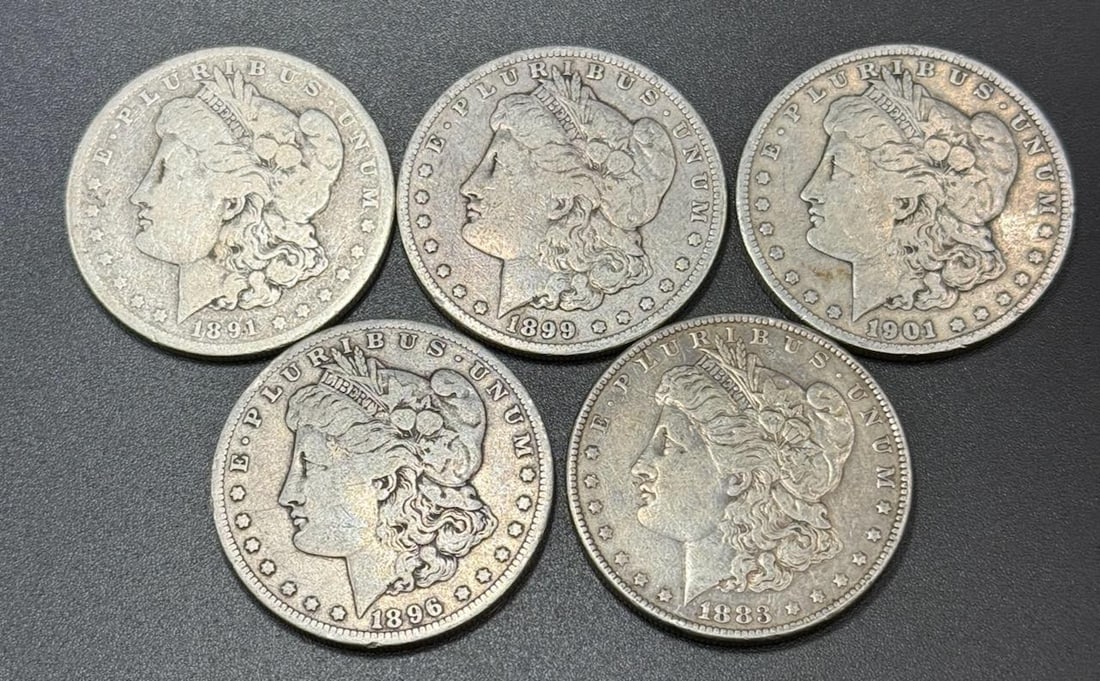 5- Morgan Silver Dollars, 1891-O, 1899-O, 1896-O, 1883, 1901-O (1 of 2)