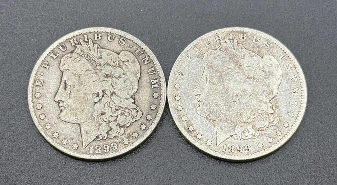 2- 1899-O US Morgan Silver Dollars, 90% silver: IMPORTANT, WE ONLY ACCEPT CREDIT CARDS UP TO $500 FOR ONLINE COIN PURCHASES. YOU CAN PAY ACH THROUGH PROXIBID, OR YOU CAN SEND A WIRE OR CERTIFIED CHECK. WE WILL HOLD ALL SHIPPING OF COINS FOR 10 DAYS