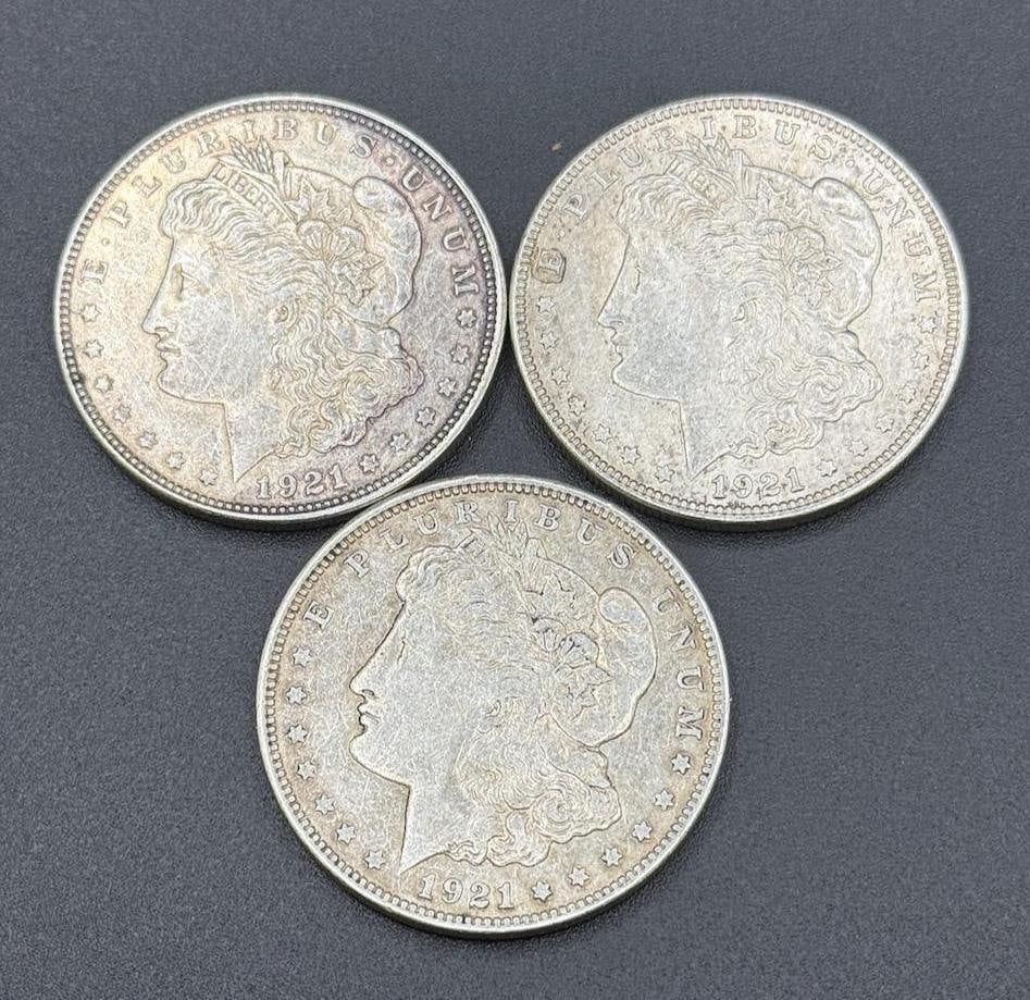 3- 1921 US Morgan Silver Dollars, 90% silver, one is a D mint (1 of 3)