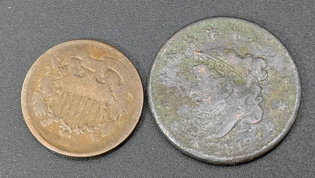 1817 Liberty Head Large Cent & 1864 2 cent piece US Coins (1 of 4)