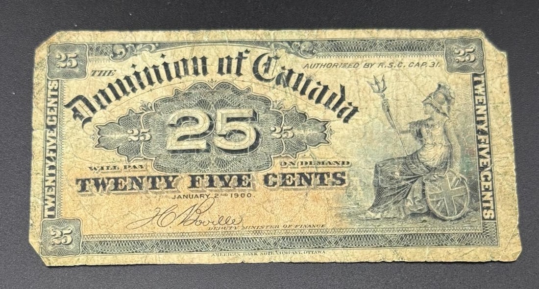 Dominion of Canada 25 Cents Fractional Note 1900, Lady Britannia Design: IMPORTANT, WE ONLY ACCEPT CREDIT CARDS UP TO $500 FOR ONLINE COIN PURCHASES. YOU CAN PAY ACH THROUGH PROXIBID, OR YOU CAN SEND A WIRE OR CERTIFIED CHECK. WE WILL HOLD ALL SHIPPING OF COINS FOR 10 DAYS
