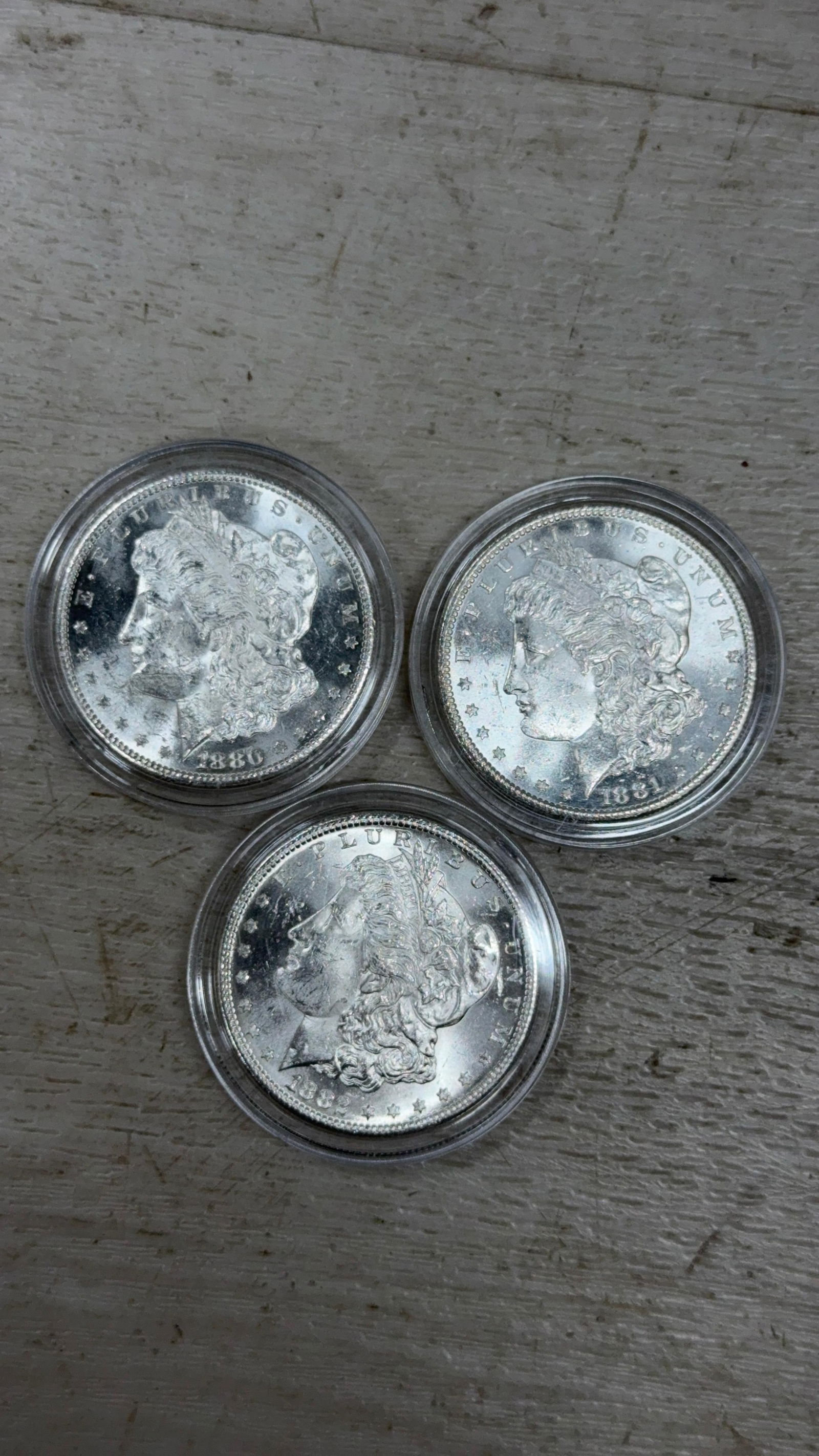 3- Morgan Silver Dollars, 1880-S, 1881-S, 1882-S, 90% silver (1 of 7)