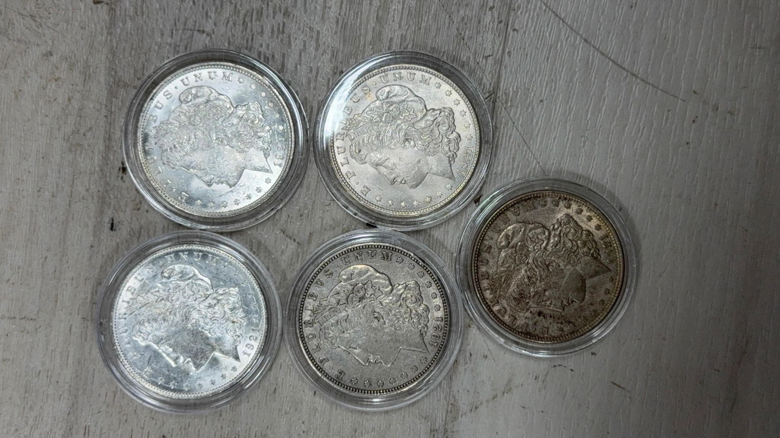 5- 1921 Morgan Silver Dollars, various mint marks, 90% silver (1 of 10)