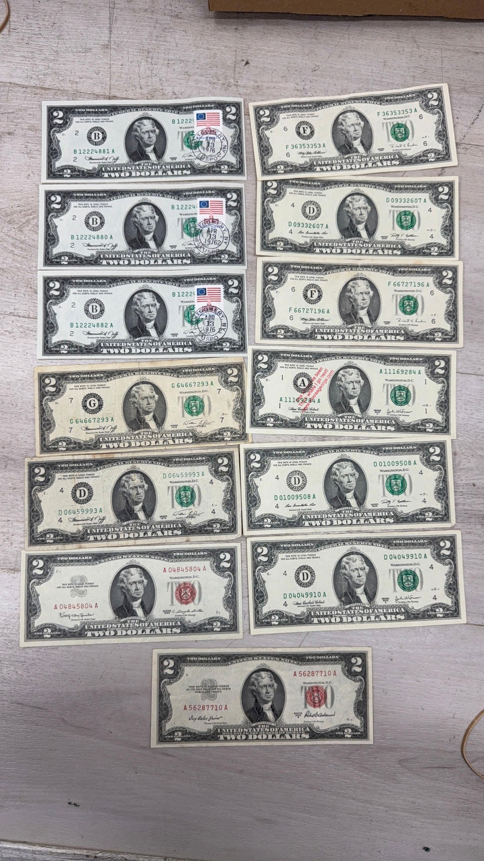 U.S. Two Dollar Bills Collection, Series 1953A, 1976, 1995, 1976 First Day Issues are Sequential (1 of 6)