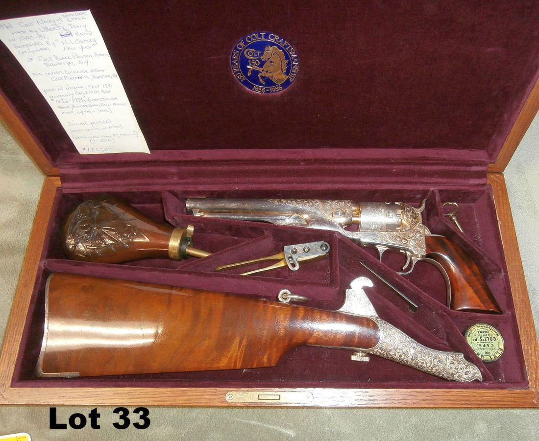 Colt 1861 Navy 150th Anniversary relvolver: Colt 1861 Navy 150th Anniversary edition black powder relvolver comes with shoulder stock, powder flask, & bullet mold in box with key in excellent condition - Antique