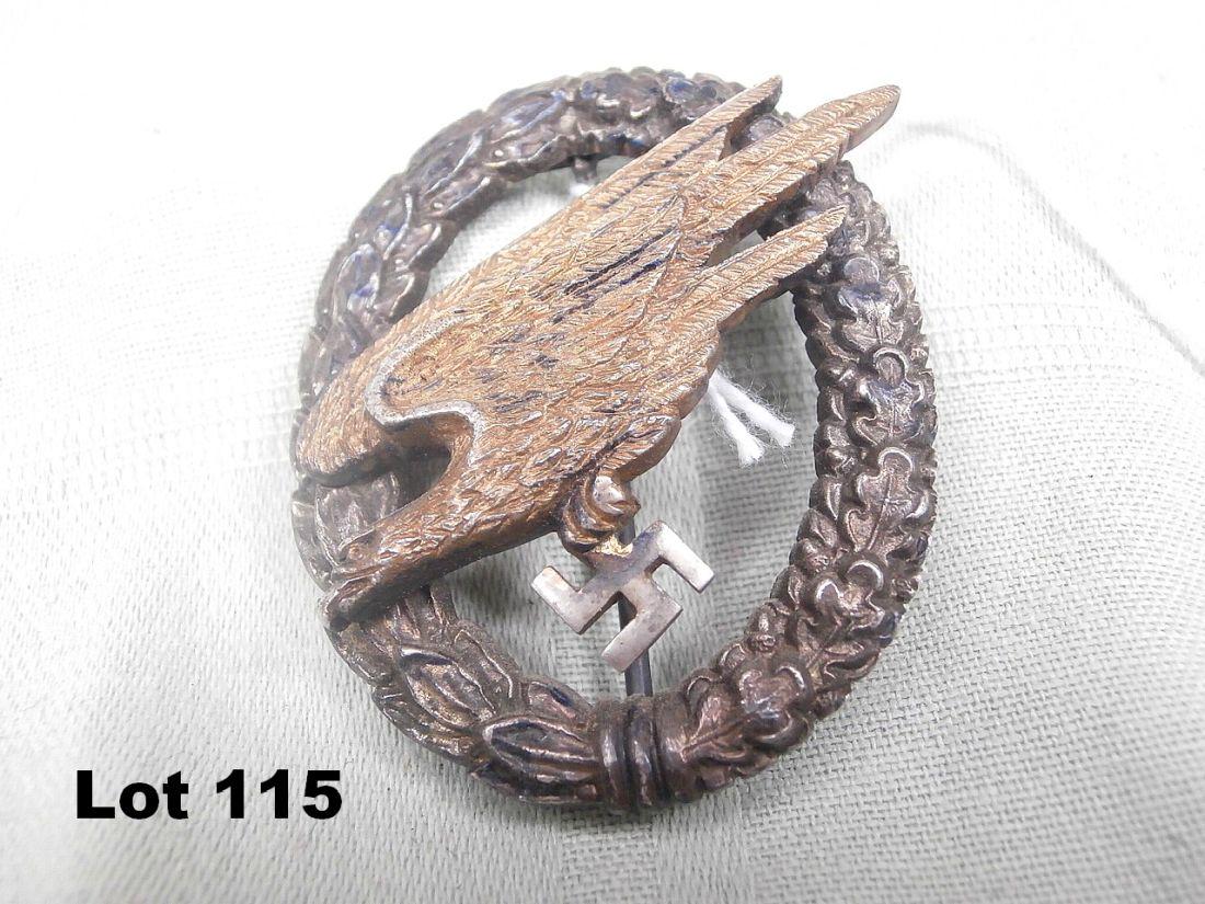 German WWII Paratrooper Badge Two Tone: German WWII Paratrooper badge two tone stamped P. Meybauer Berlin 2" height