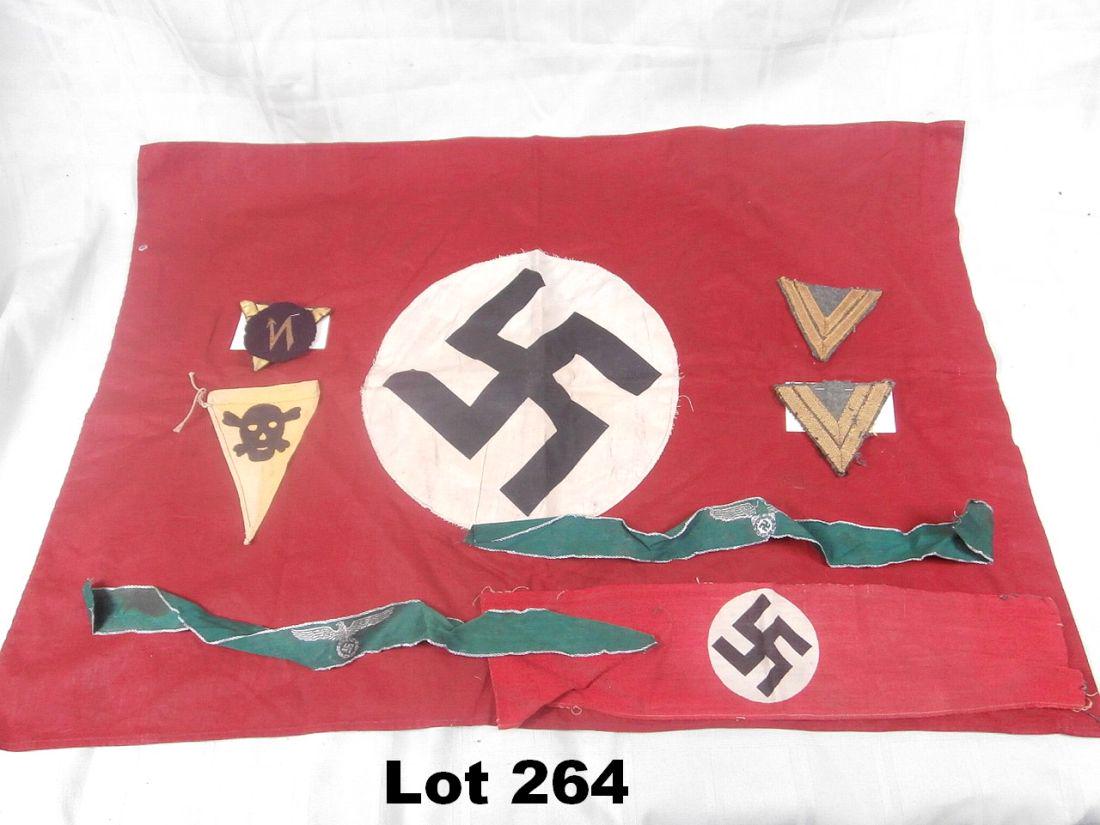 German WWII Flag, Arm Band, And Cuffs: German WWII flag 20" x 28", arm band, patches, and 2 cuffs