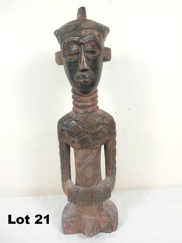 Wood Carved Male Figure: Wood Carved Male Figure. 25" tall. Heavy losses to top of head. Multiple cracks throughout.