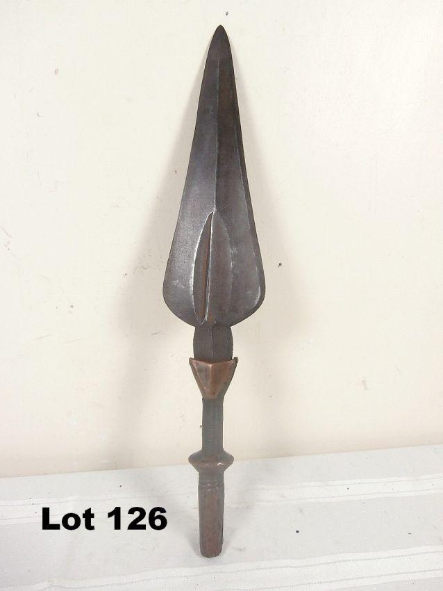 Metal Spear Head Wire Binding: Metal spear head with wire binding and inscribed decoration. 19.5" long.