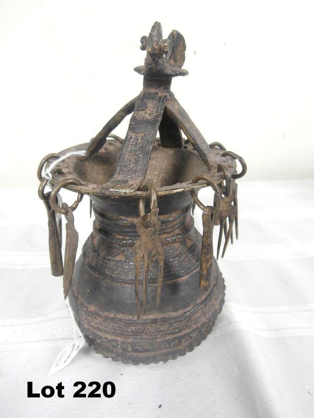 Brass or Bronze Vessel with Bird Finial: Brass or bronze vessel with bird finial. 7.5" tall.