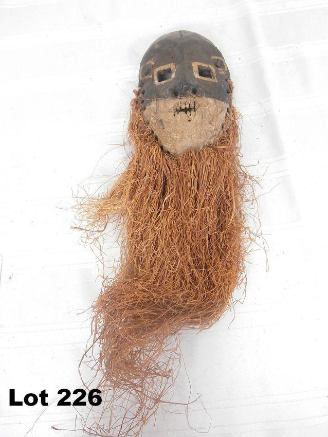 Carved Wood Painted Mask with Grass Beard: Carved wood painted mask with grass beard. 8" tall, 16" with beard.