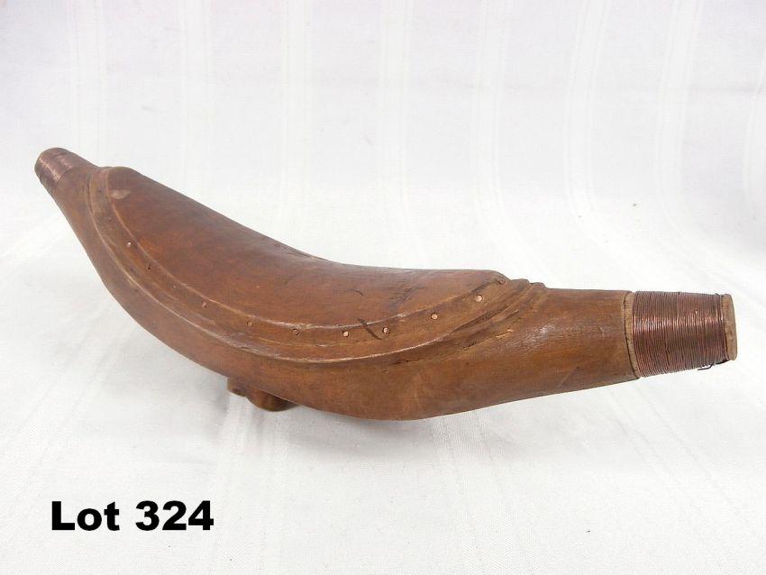 Carved Wood Seat with Wound Copper Ends: Carved wood seat with wound copper ends. 13.5" long. X 4.25" tall.