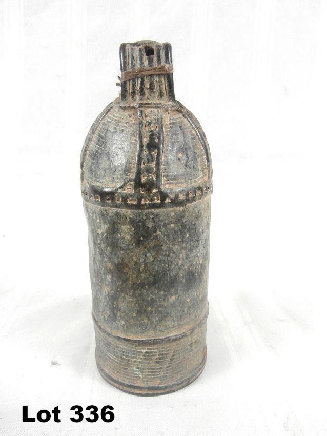 Metal Bell with Decorations: Metal bell with decorations. Dented and cracked. 7.5" tall.