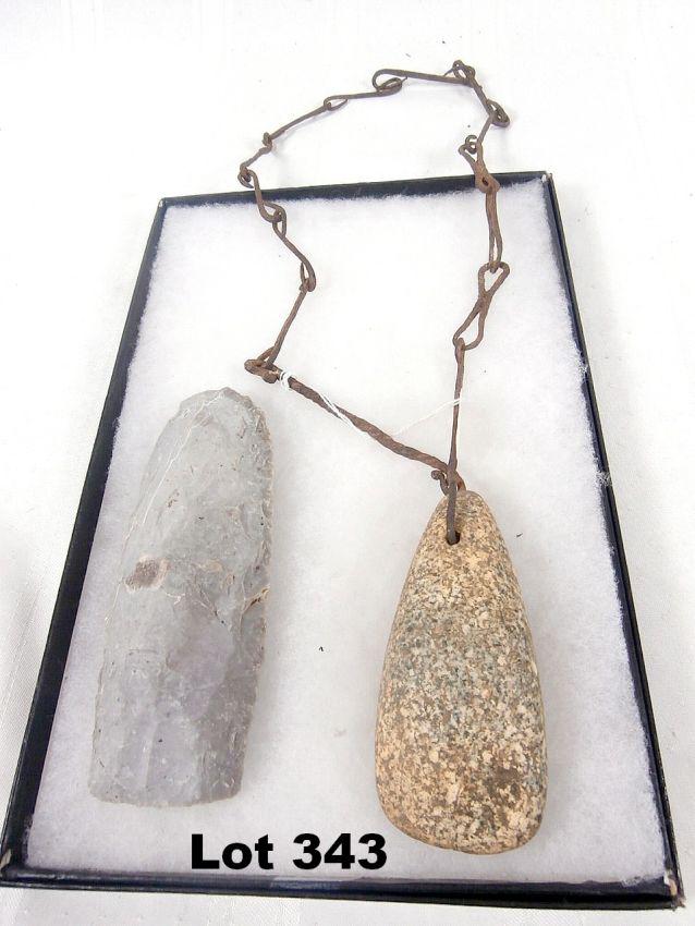 Necklace with Stone Pendant & Stone Tool: Linked metal necklace terminating with stone pendant. Hand-chipped stone tool.