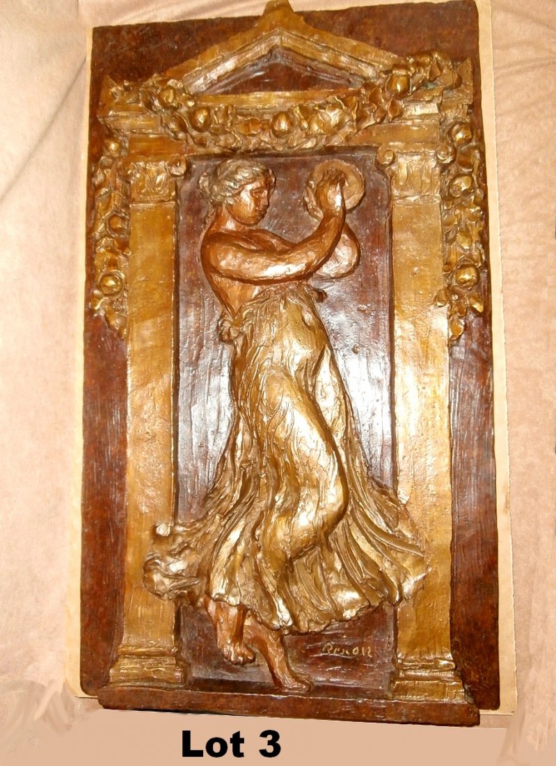 Renoir Bronze Cast "Woman with Tambourine III": Bronze cast of original Renoir terra-cotta cast made in 1918. #72M/99M. 29.25" x 17.5" x 2.5"
