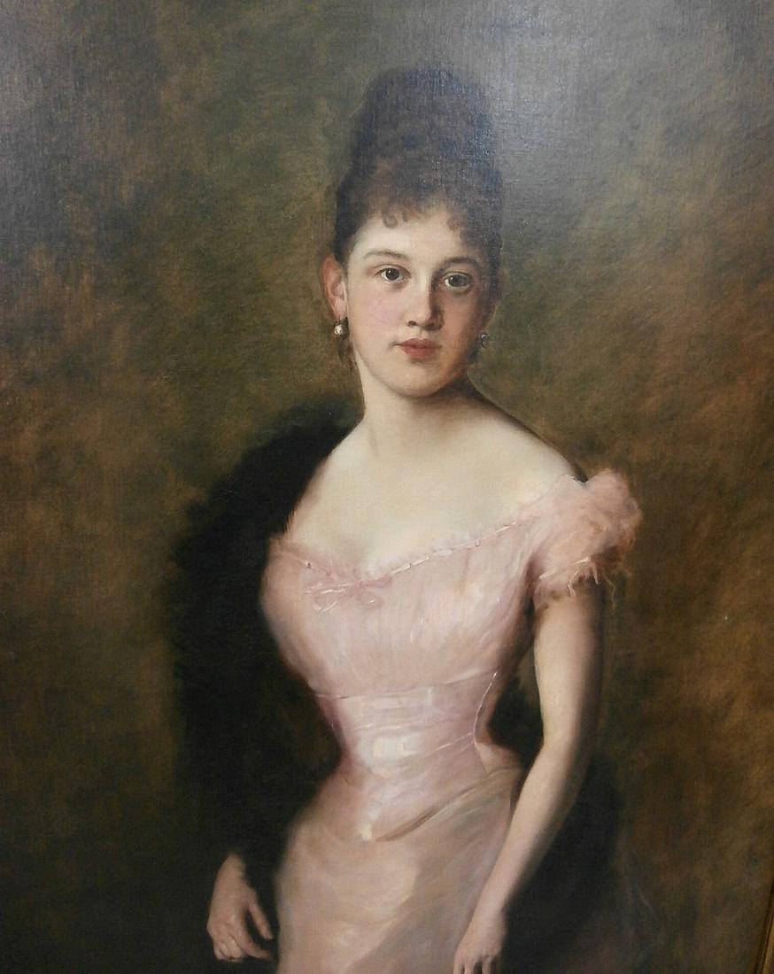"Portrait of a Woman" Oil on Canvas: Vilma Von Parlaghy Brochfeld (1863-1923) signed 1889 "Portrait of a Woman." Newman gallery tags on the back. Has been relined. Great gold gilt frame with slight gold loss. 38" x 53", 46.5" x 62" frame
