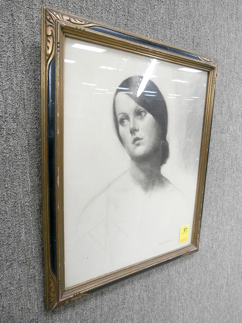 Lawton Parker Charcoal on Paper of a Woman's Bust: Lawton Parker (1868-1954) charcoal on paper of a woman's bust. 15.5" x 19.5" showing, 18.5" x 22.5" deco frame.