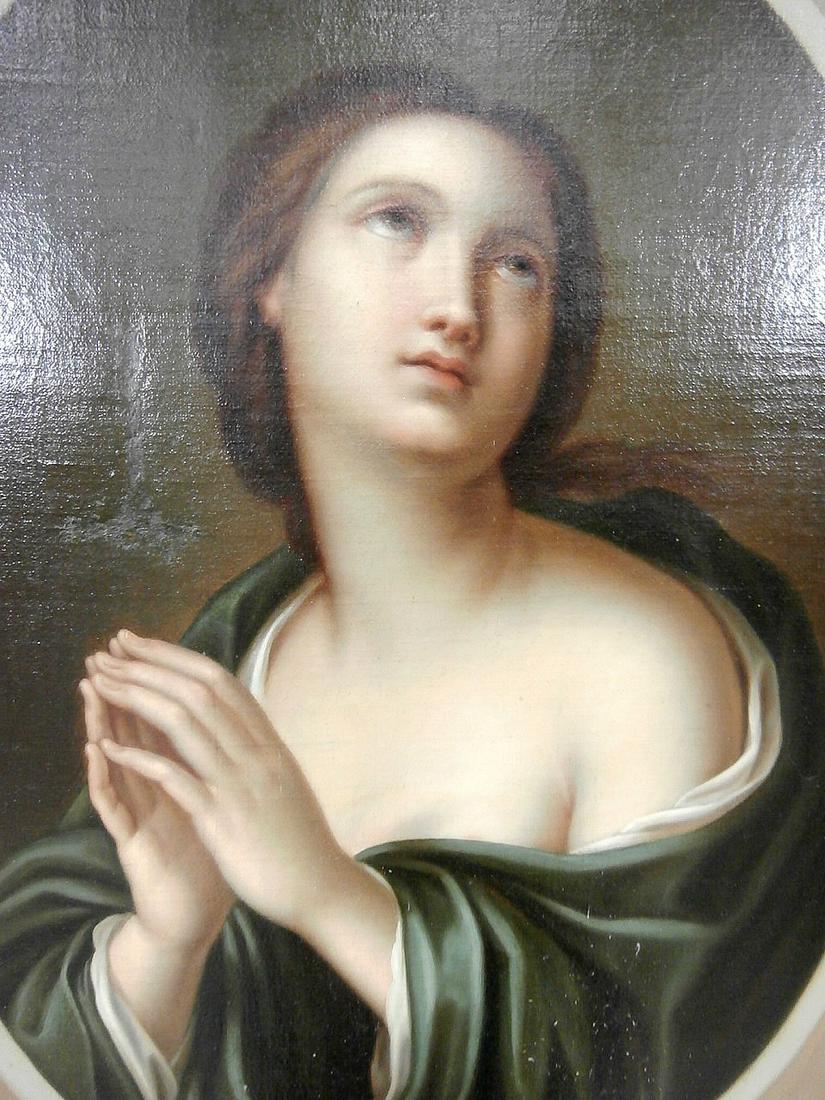 19th Century Oil on Canvas of a Praying Woman: Religious oil on canvas of a praying woman. Unsigned. Has repaired damage on left side of face, frame has some damage. 20" x 24", 24" x 28" frame.