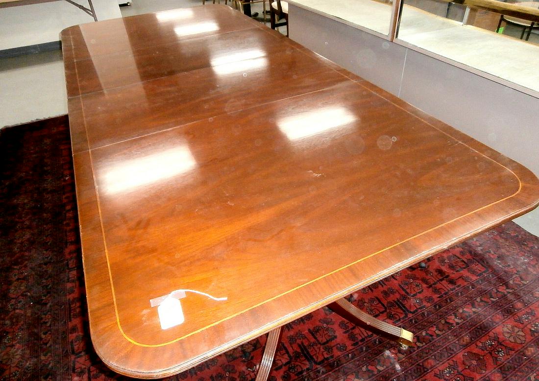 Baker Mahogany Double Pedestal Dining Table: Baker mahogany historical Charleston reproduction inlaid dining room table. Double pedestal with 2 leaves. 9' long w/leaves.