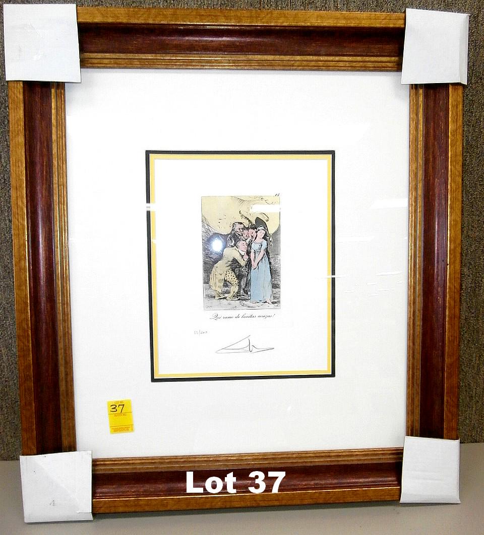Etching and aquatint "Los Caprichos" by Dali: Signed original etching and aquatint "Los Caprichos" by Salvador Dali of Goya's color print "Caprices". 52 of 200. Original price $875. Frame size 26" x 28.5".