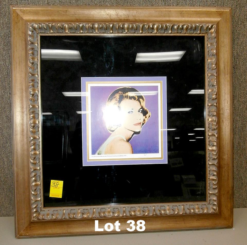 Print Portrait "American Lady" by Warhol: Print Portrait "American Lady" signed by Andy Warhol. Original price $3500. Frame size 27" x 28".