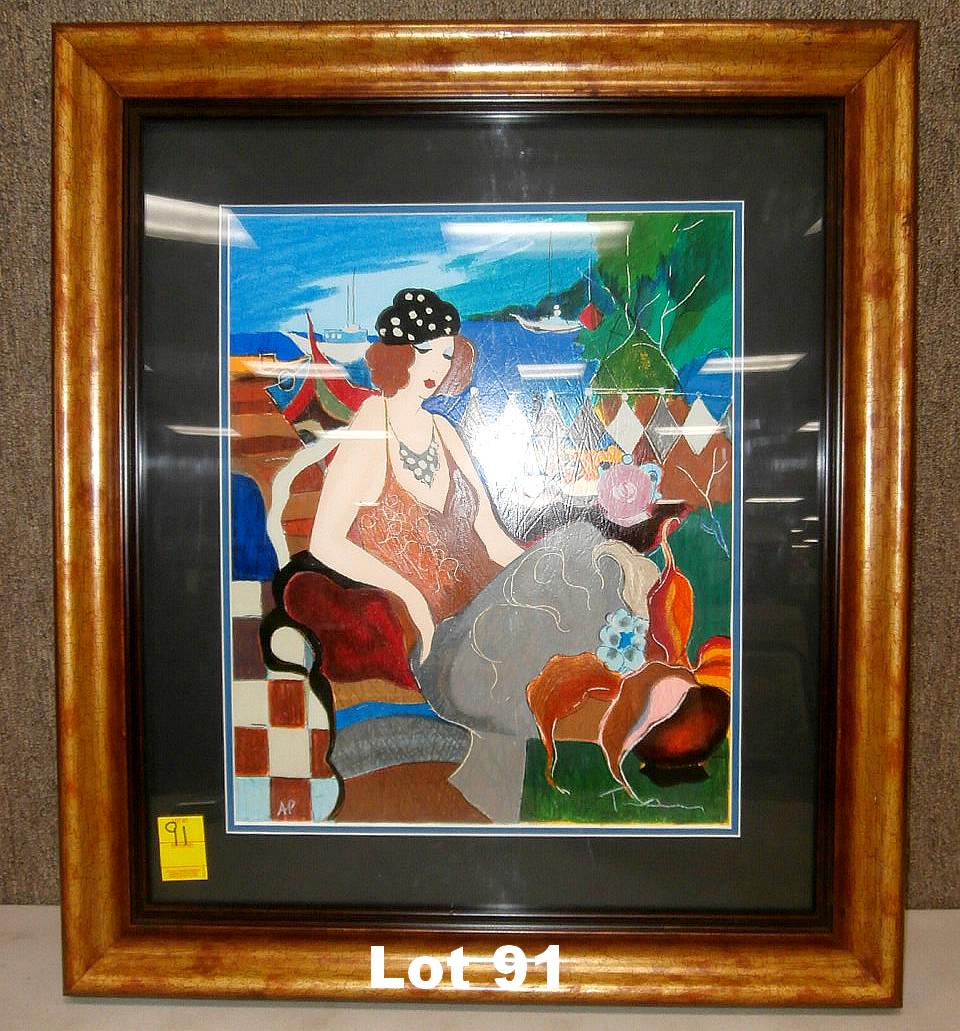 Serigraph on Paper "Normandie CafÃ©" by Tarkay: Serigraph on paper "Normandie CafÃ©" signed by Tarkay. Frame size 26" x 29.25". Original purchase price $875.00.