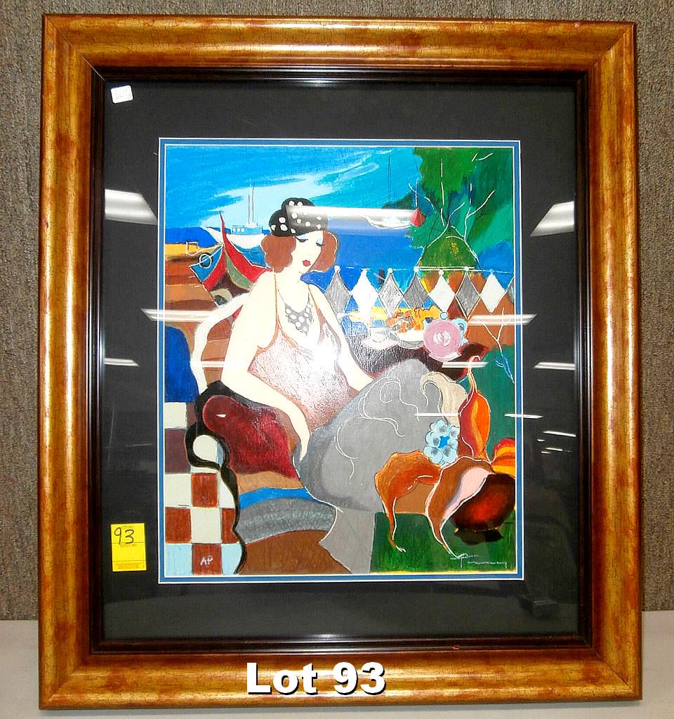 Serigraph on Paper "Normandie CafÃ©" by Tarkay: Serigraph on paper "Normandie CafÃ©" signed by Tarkay. Frame size 26" x 29.5". Original purchase price $700.00.