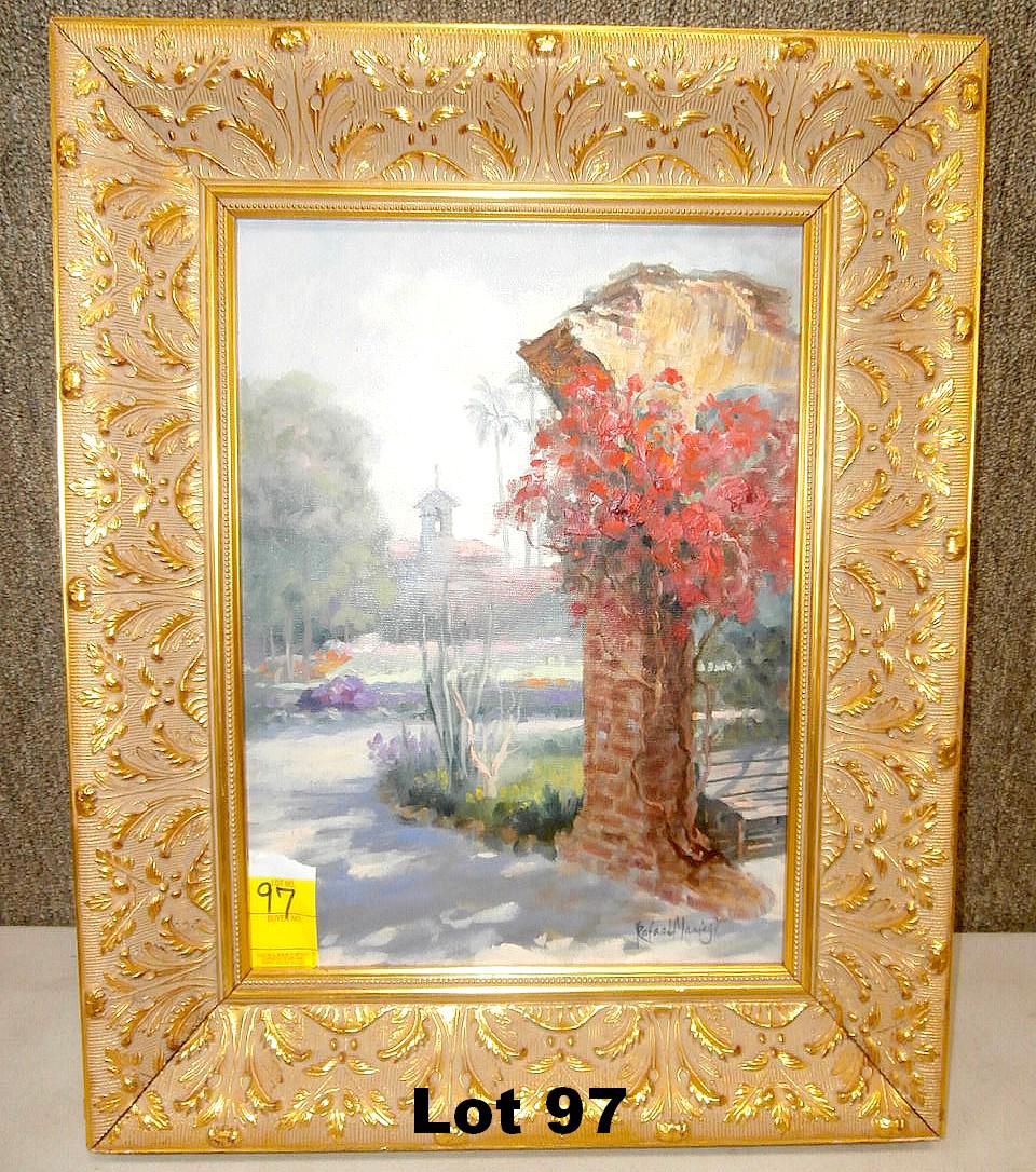 Oil on Canvas "The Mission" by Rafael: Oil on canvas "The Mission" signed by Rafael. Frame size 17.5" x 22". Original purchase price $1260.00