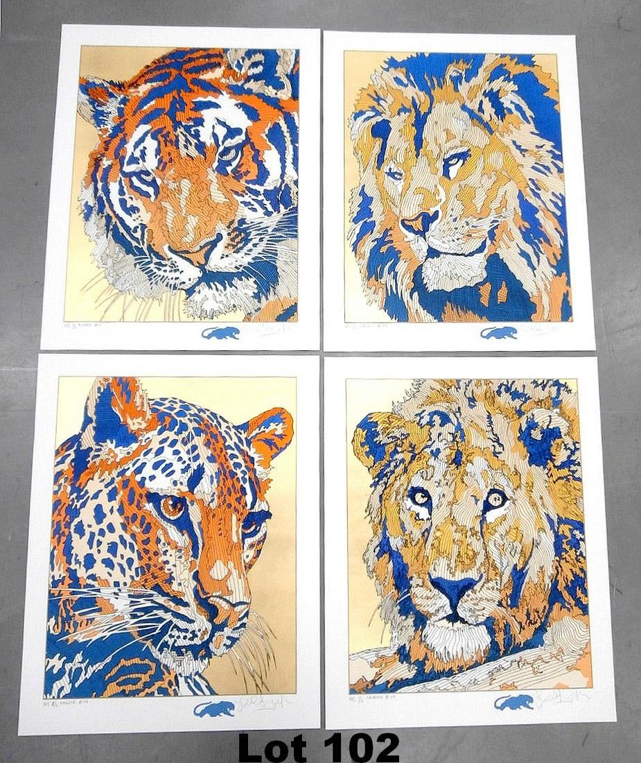 Set of 4 Serigraphs "Le Grand Matous" by Azoulay: Portfolio of four limited edition serigraphs "Le Grand Matous" signed by Azoulay: "Agilite", "Sagesse", "Gloire" and "Audace". Size 19" x 23.5". Original purchase price $985.00.