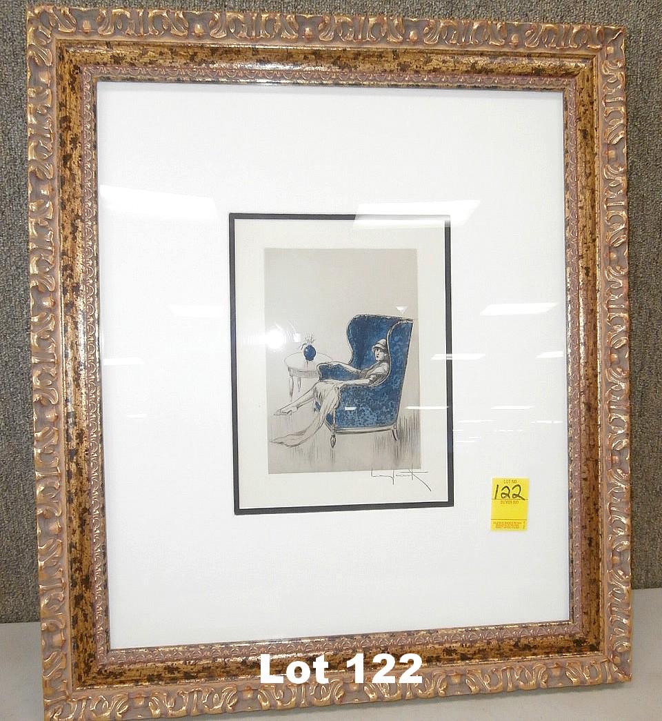 Original Dry Point Etching by Louis Icart: Original dry point etching "The Blue Chair" by Louis Icart. Original purchase price $1325.00. Size: 22" x 24.75"