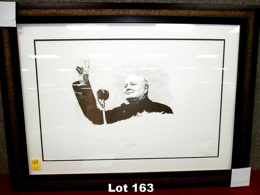 "Winston in Front of Microphone" by Churchill: Original lithograph "Winston in Front of Microphone" by Sarah Churchill. Original purchase price $850.00. Size: 45.25" x 34.5".