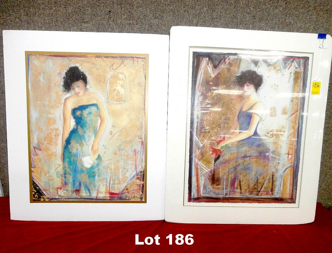 Silkscreens "Blue Dress and Shades of Green II": Set of two silkscreens "Blue Dress" and "Shades of Green II" by Janet Treby. Original purchase price $1990.00. Size: 25" x 31.25", 24.5" x 30".