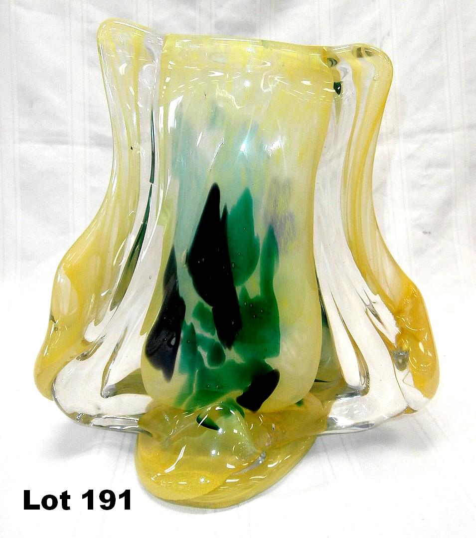 Glass "Flat Handle Vase, Yellow" by Novaro: Handmade glass "Flat Handle Vase, Yellow" signed by Novaro. Original purchase price $1345.00. 12.25".