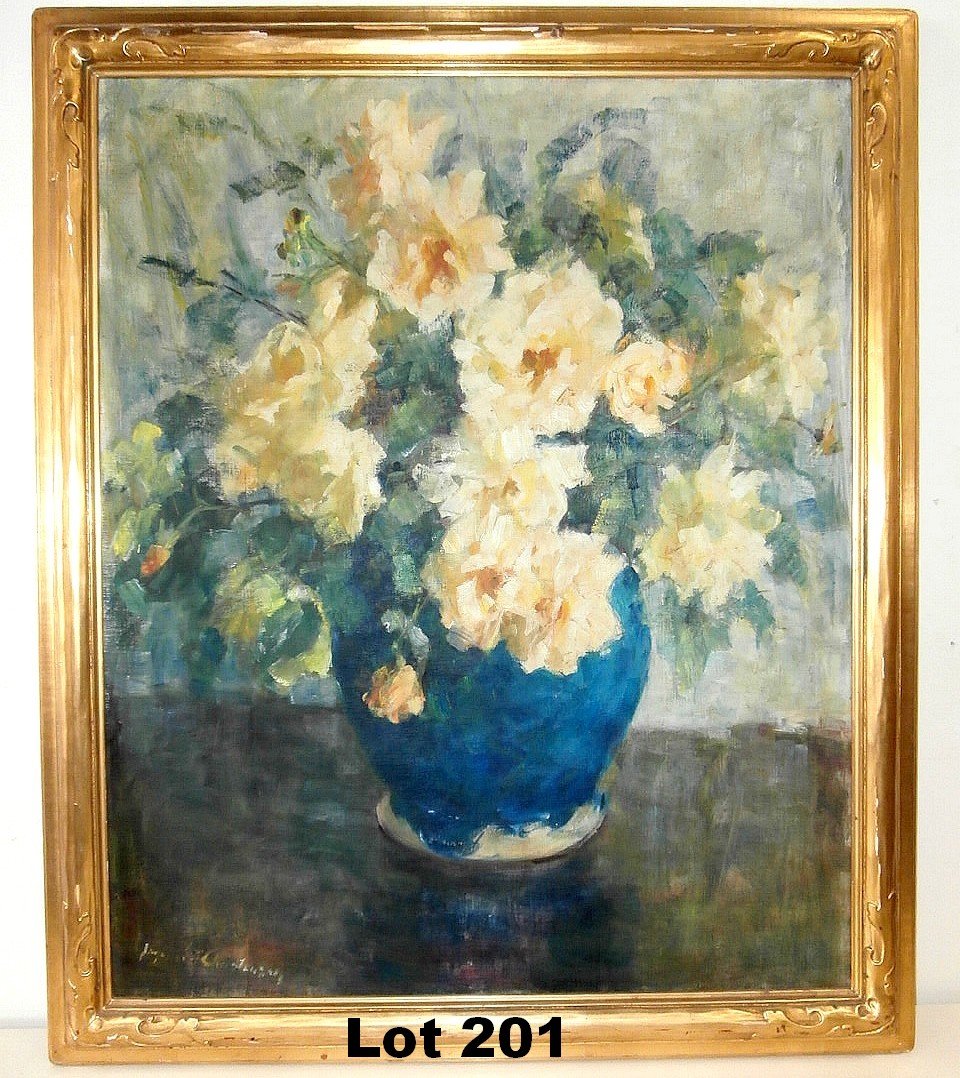 Christensen Oil on Canvas "White Roses" Still life: Christensen oil on canvas still life "White Roses" Has card from the 1943 Allied Artist of America 30th annual exibition, New York Historical Society. Size: 29.5" x 34.5"