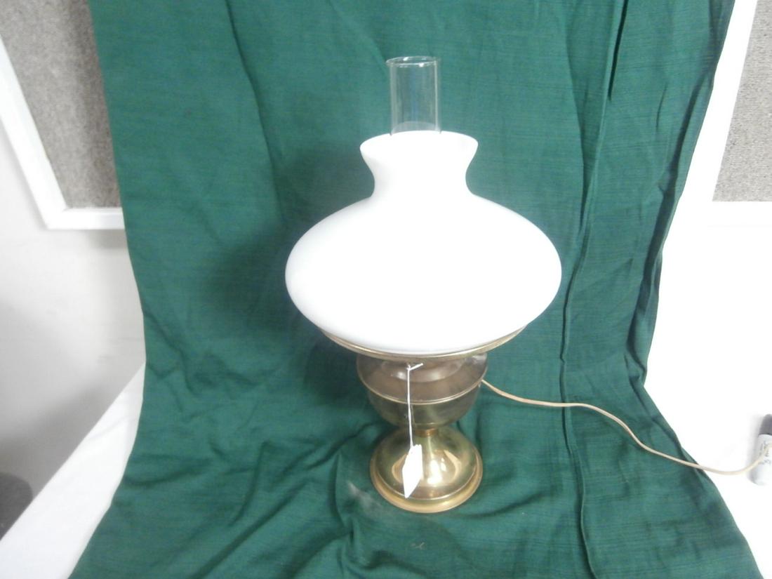 Aladdin Brass base Table lamp with Milk Glass Shade: Aprox. 21 inches tall to the top of chimney
