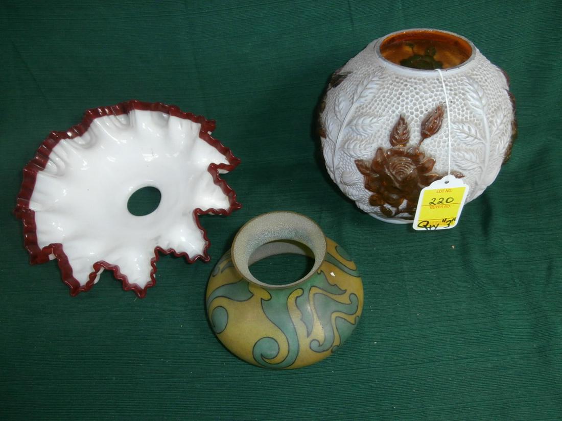 3 High quality glass shades including A rose Bowl: 3 High quality glass shades including A rose Bowl Shade, Art Nouveau Shade and a Ruffled Shade white with cranberry, various sizes