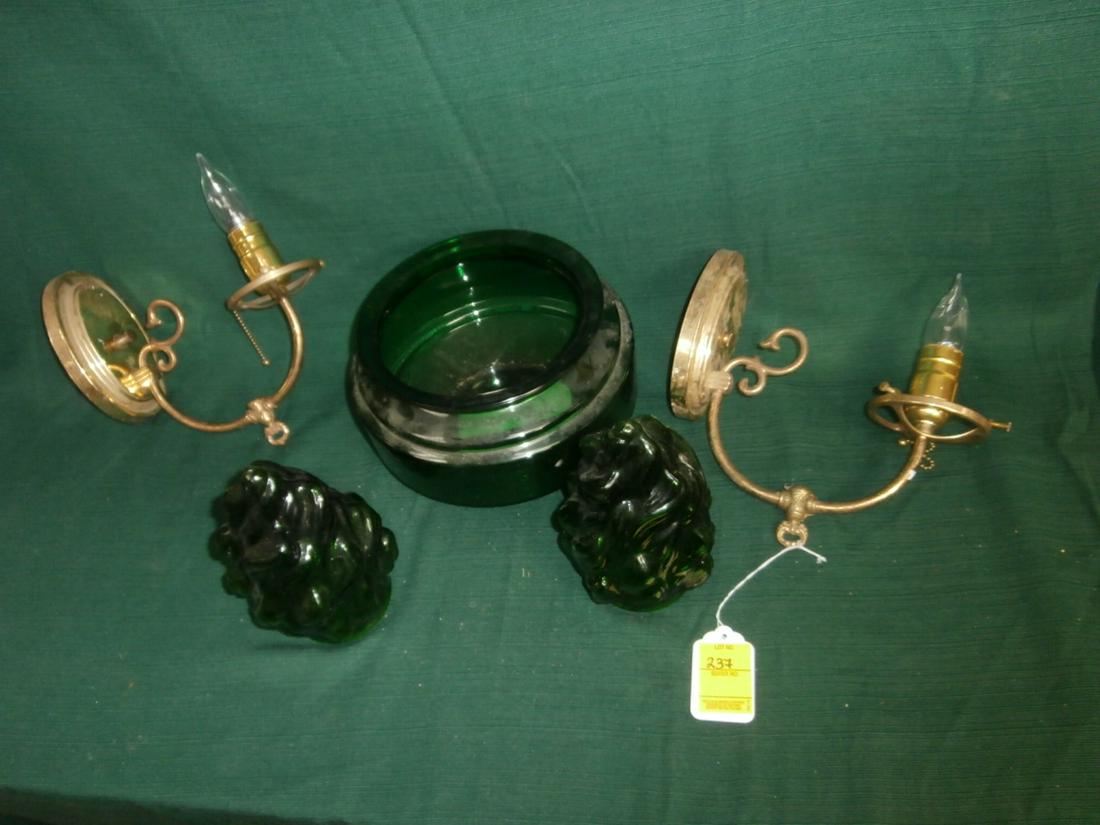 2 Electric wall sconses with green flame/torch shades: 2 Electric wall sconses with green flame/torch shades and 1 green ceiling shade Various sizes