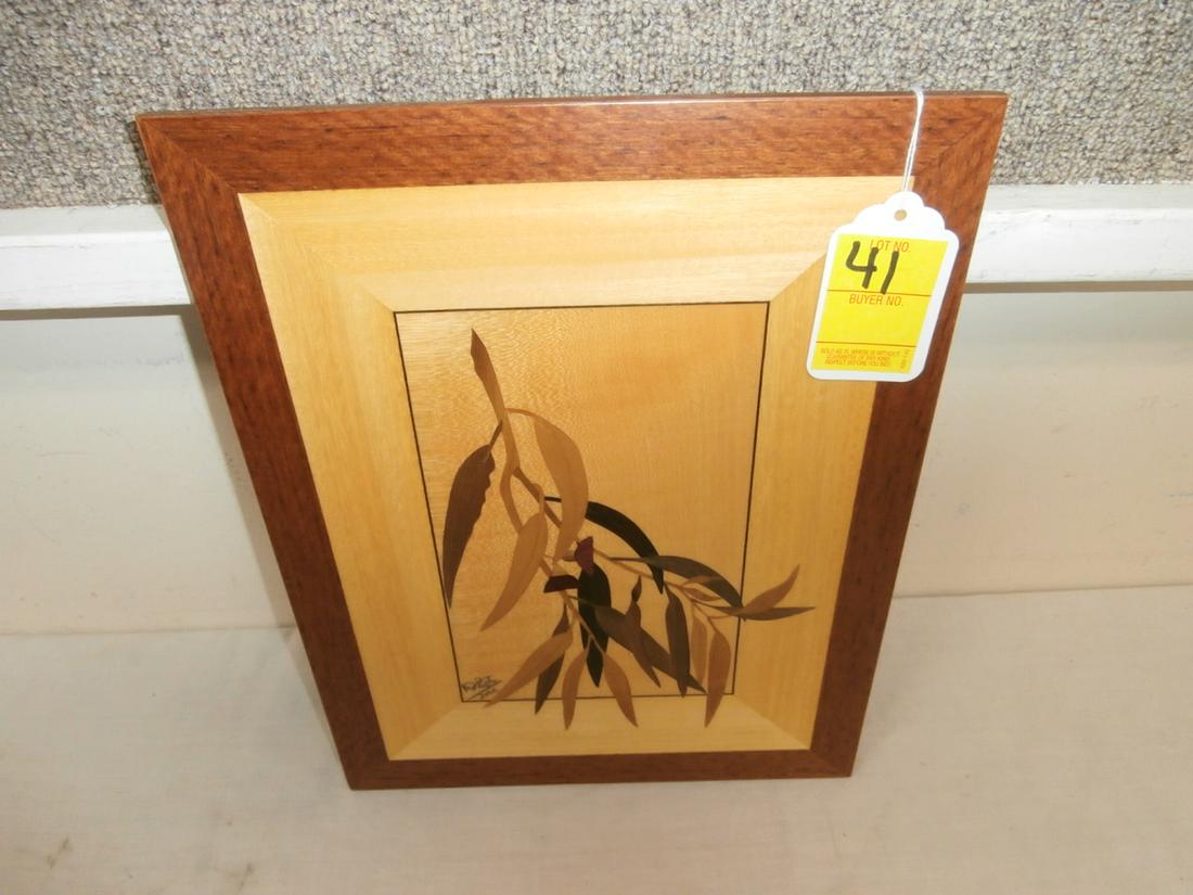 Wood by: Micheal Retter: "Gum Leaves" Inlaid wood Marquetry Panel Orig. Purchase Price $595.00 10 1/4X13 1/4
